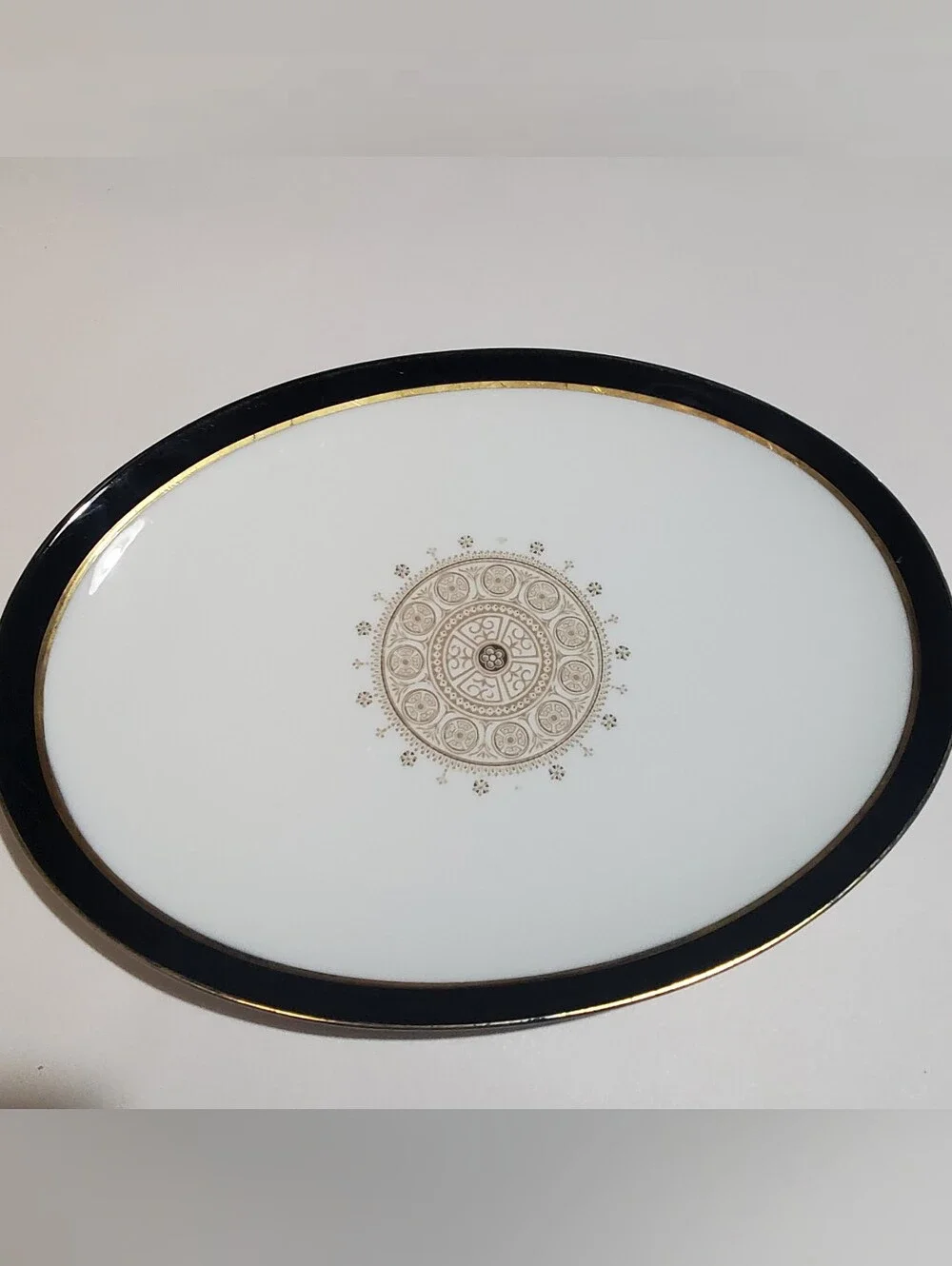 Vintage Sears AQUARIUS Fne China Oval Serving Dish. Black Gold Atomic Style Mid
